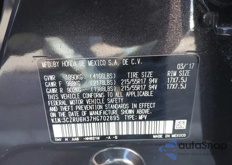 2017 Honda Hr-V Lx from USA, damaged, VIN 3CZRU6H37HG702895